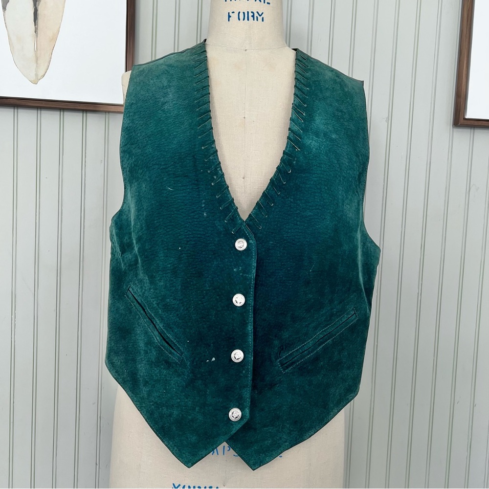 Mona Mode Genuine Suede Leather Vest with Whipstitch Trim Forest Green